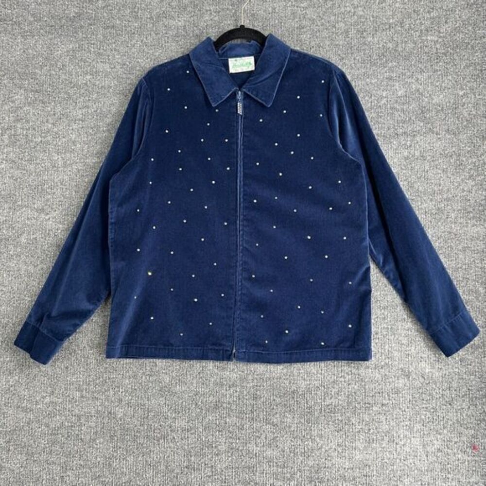 Vintage Quacker Factory Womens Velvet Rhinestone Zip Up Jacket Size M Blue 90s
